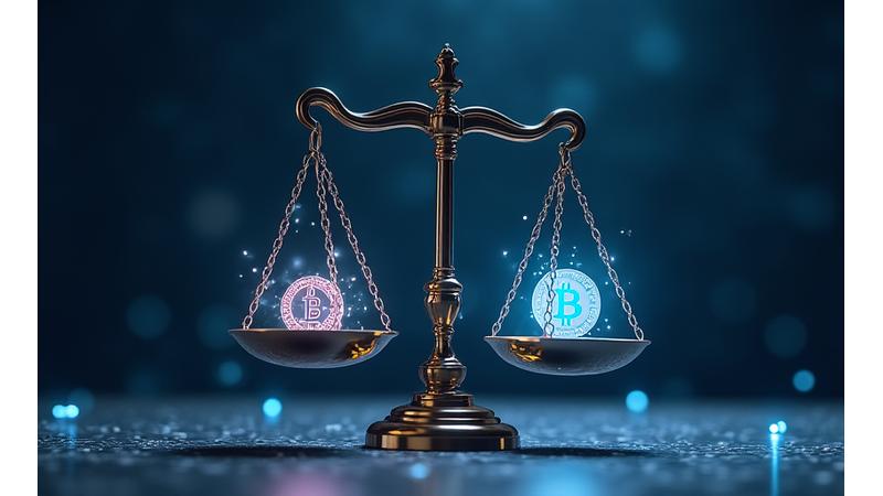 Grafika przedstawiająca regulacje prawne, wagę sprawiedliwości i symbole kryptowalut